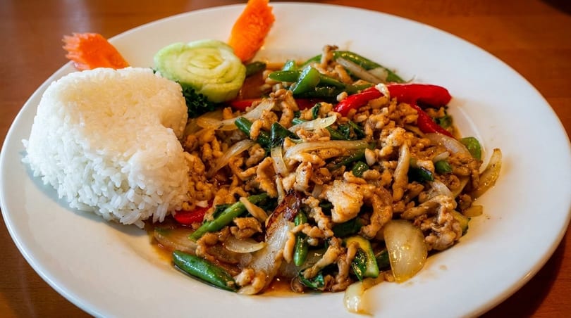 A white plate with a serving of stir-fried chicken, green beans, onions, and red peppers, alongside white rice.