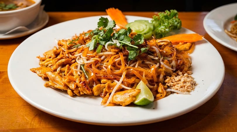Chicken Pad Thai with noodles, cilantro, lime, and crushed peanuts on a white plate.